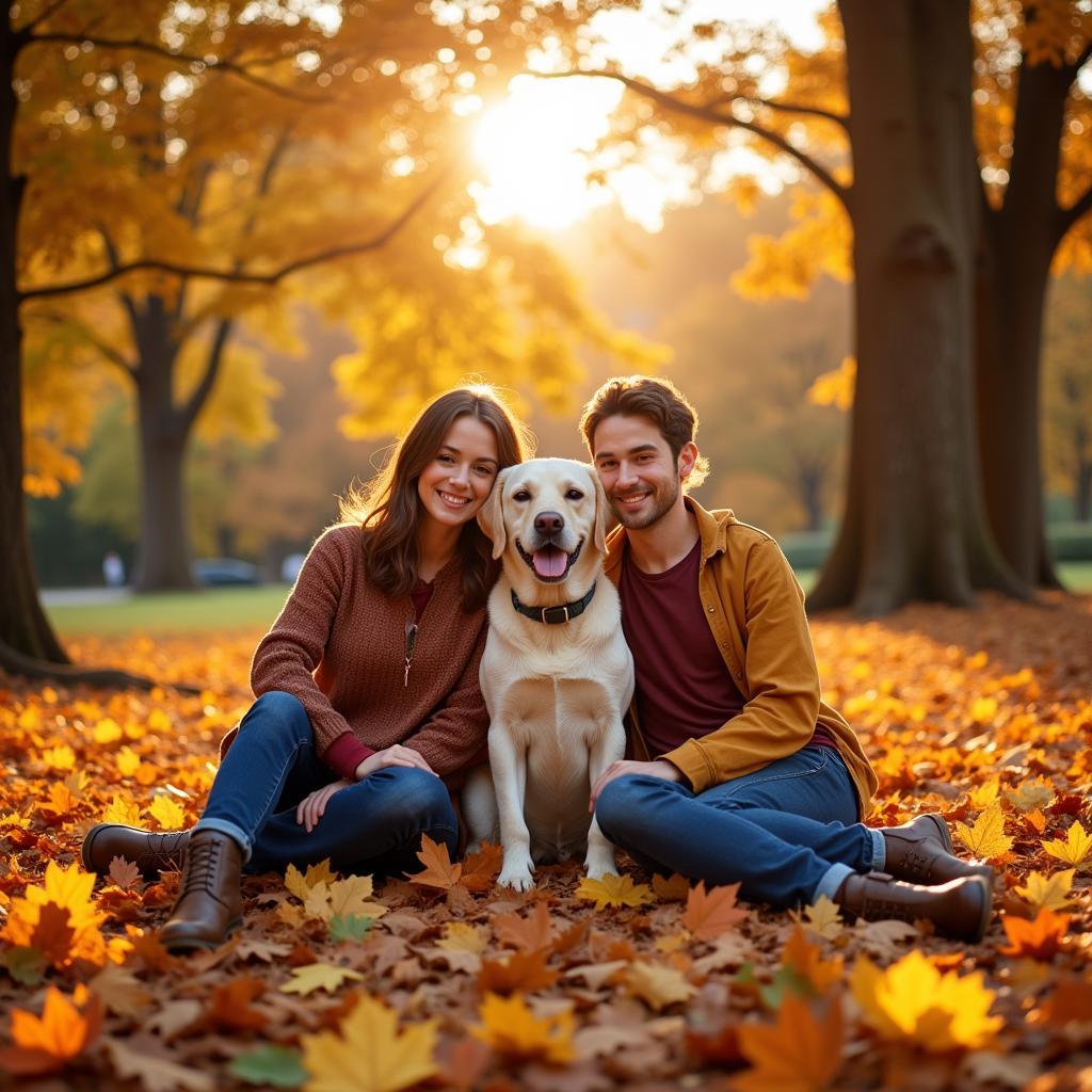 Family Posing with Dog in Autumn Leaves