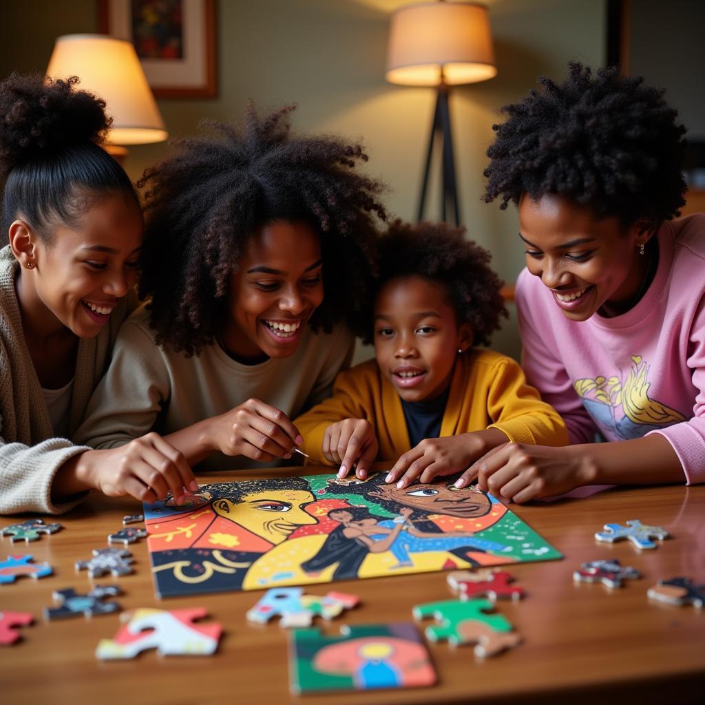 Family enjoying a puzzle night