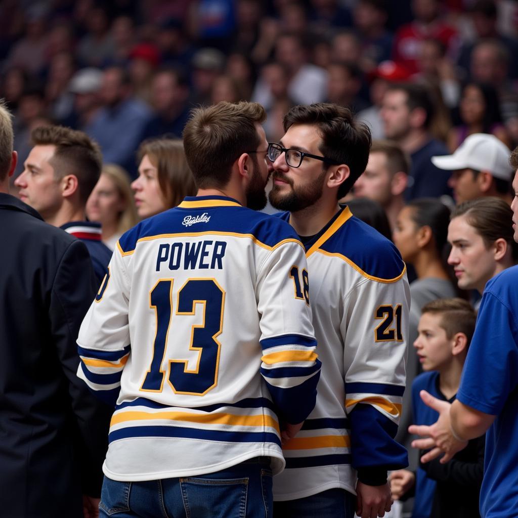 A fan cheering in an Owen Power jersey at a Buffalo Sabres game