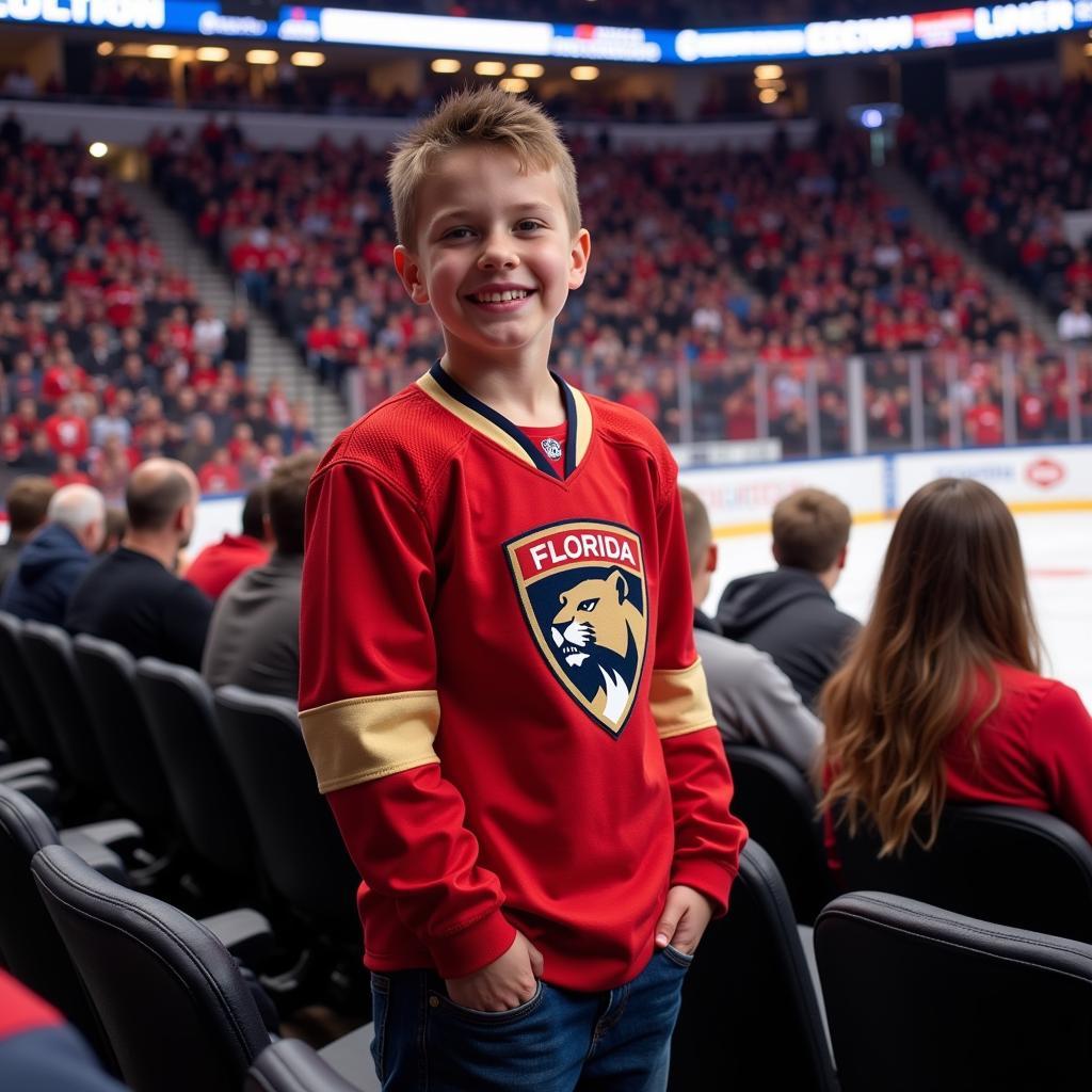 A young fan proudly wearing a Vincent Trocheck shirt at a hockey game.