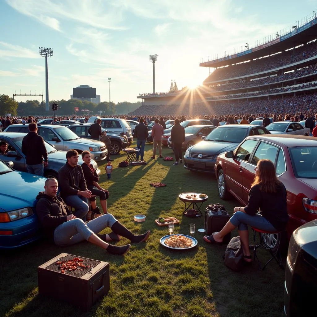 Fans enjoying a tailgate party in a stadium parking lot