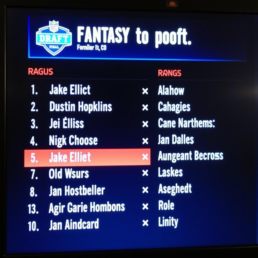 Fantasy Football Draft Board with Elliott and Hopkins Highlighted