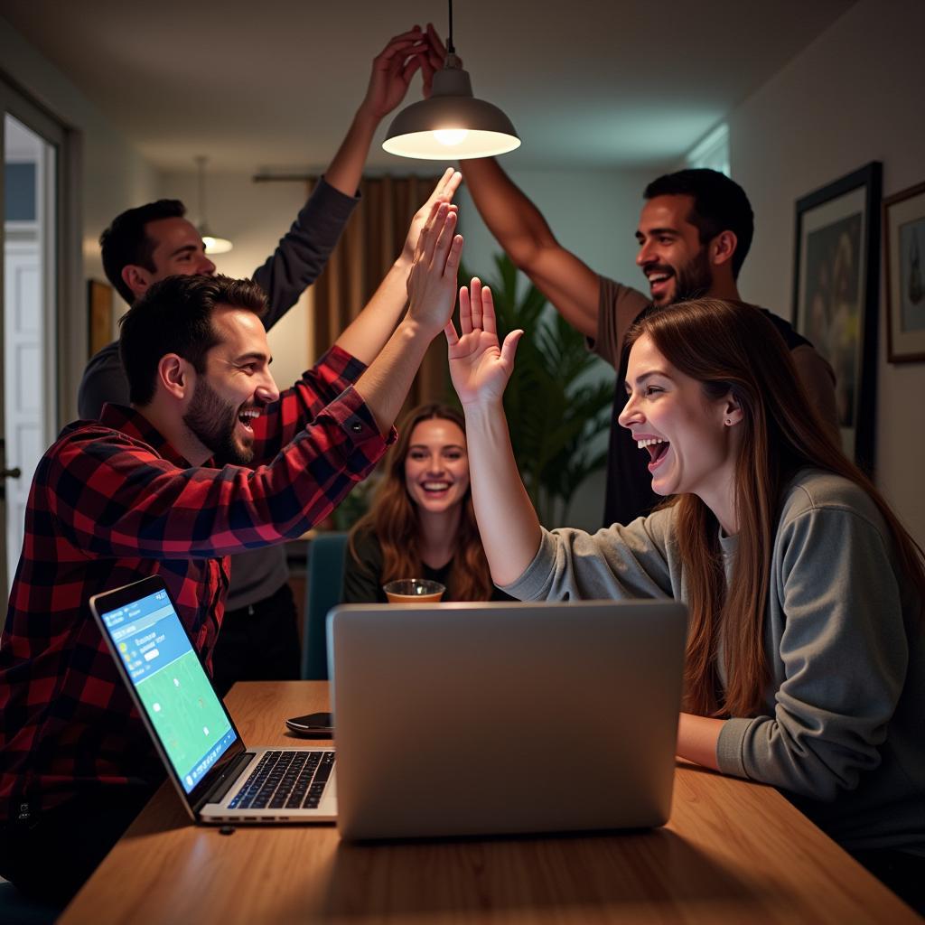 Friends celebrating their fantasy football team victory