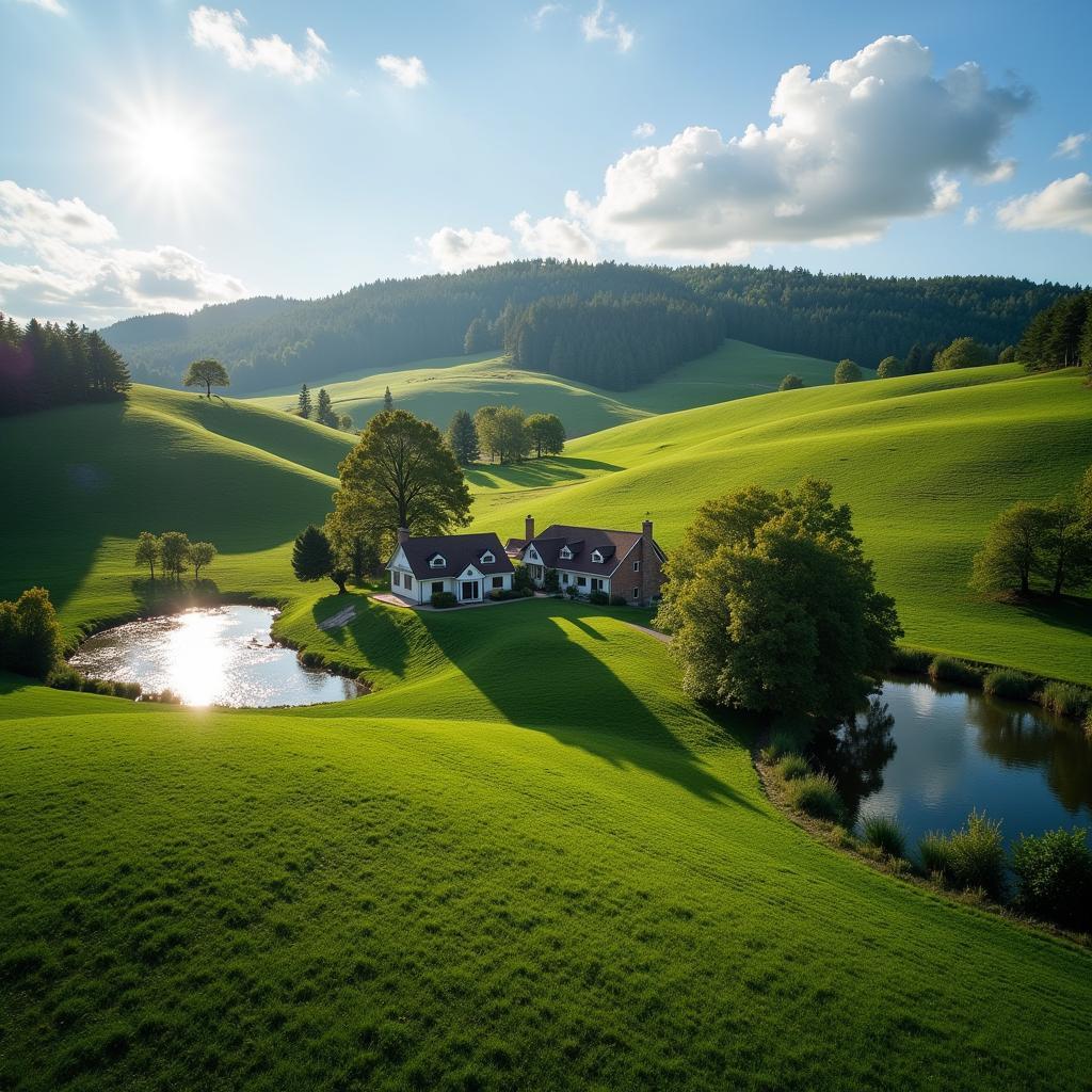 Aerial view of a picturesque farm with a pond