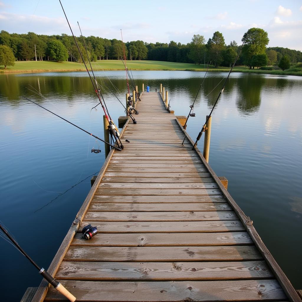 A wooden dock extending into a farm pond with fishing rods propped up