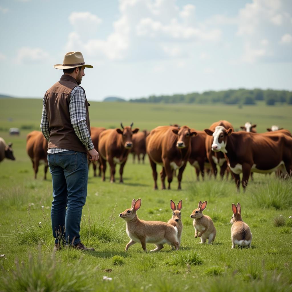 Farmer observing rabbits and cows in a pasture