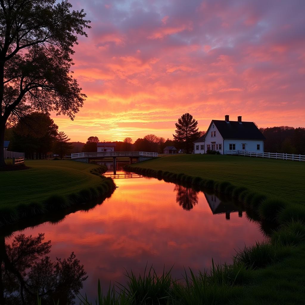 A captivating sunset view over a farm pond with a farmhouse in the background