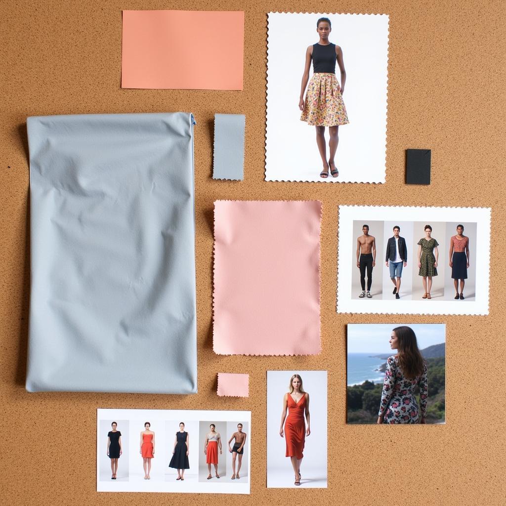 A mood board filled with various clothing styles and accessories.