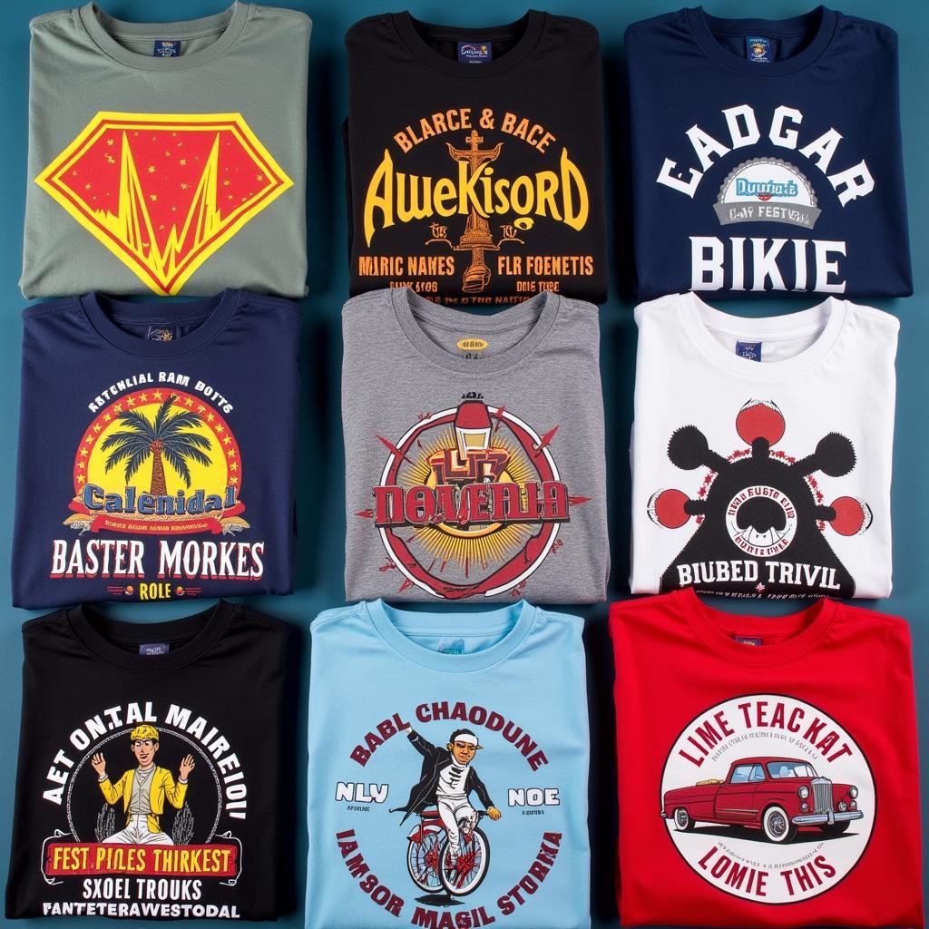 A collection of colorful festival t-shirts neatly arranged