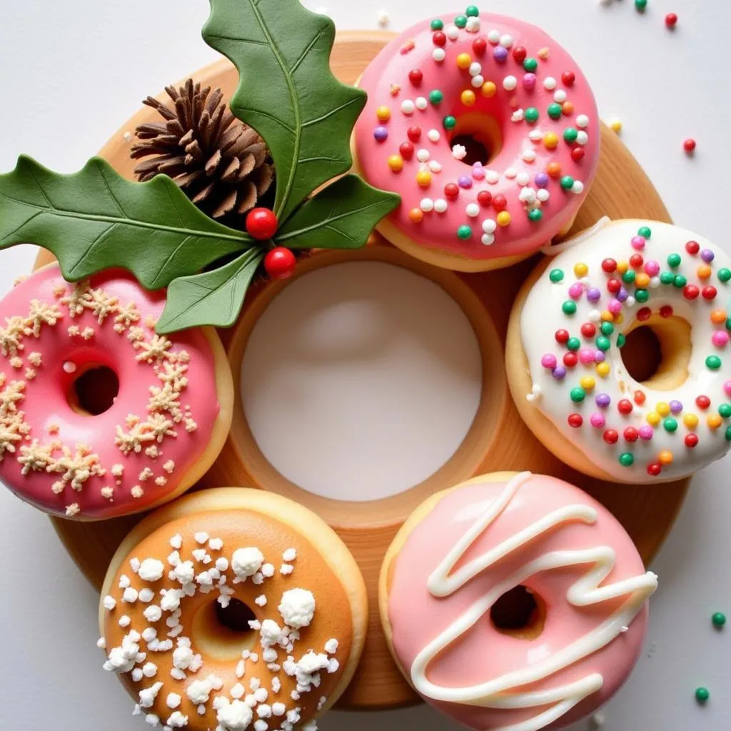 A festive donut Christmas wreath adorned with red and green frosting and sprinkles.