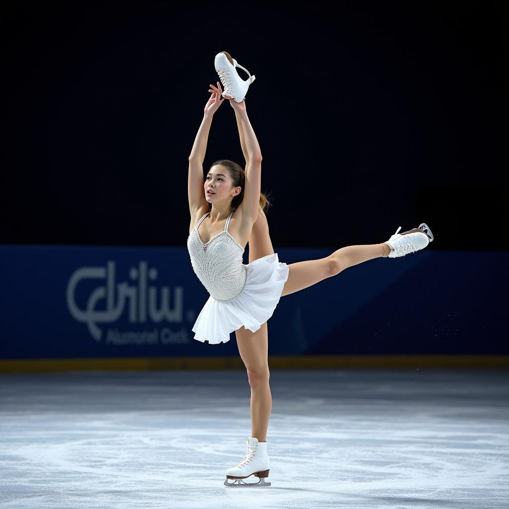 Close-up of a figure skater executing a Biellmann spin 