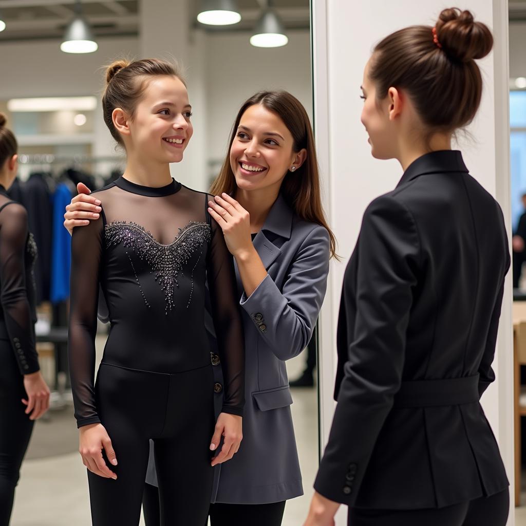 Trying on a figure skating one piece suit in a specialized store