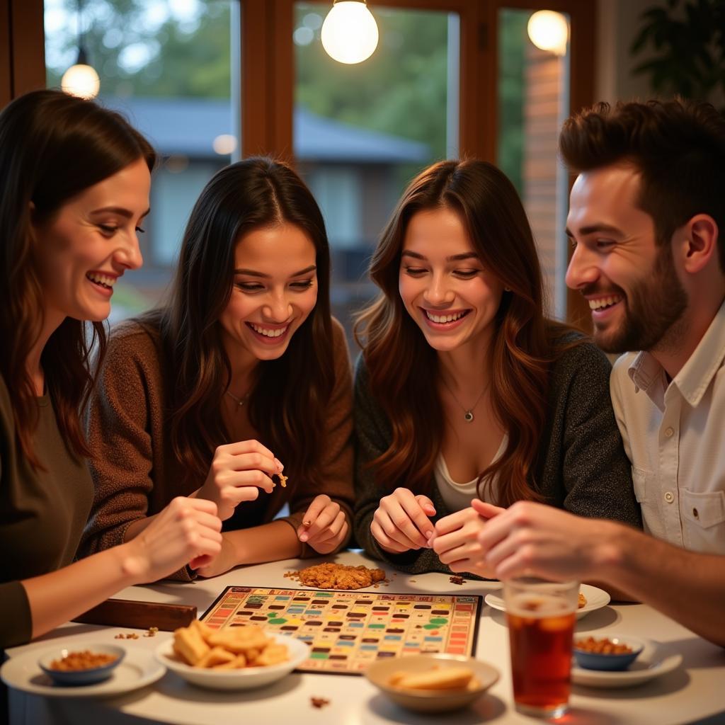 A group of friends laughing and enjoying a game night together.