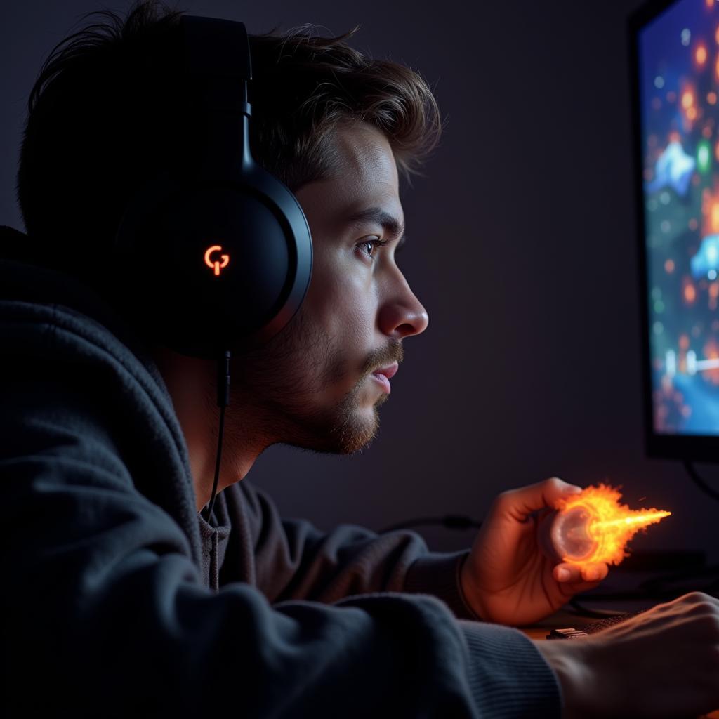 Gamer concentrating on the screen with a fire cursor