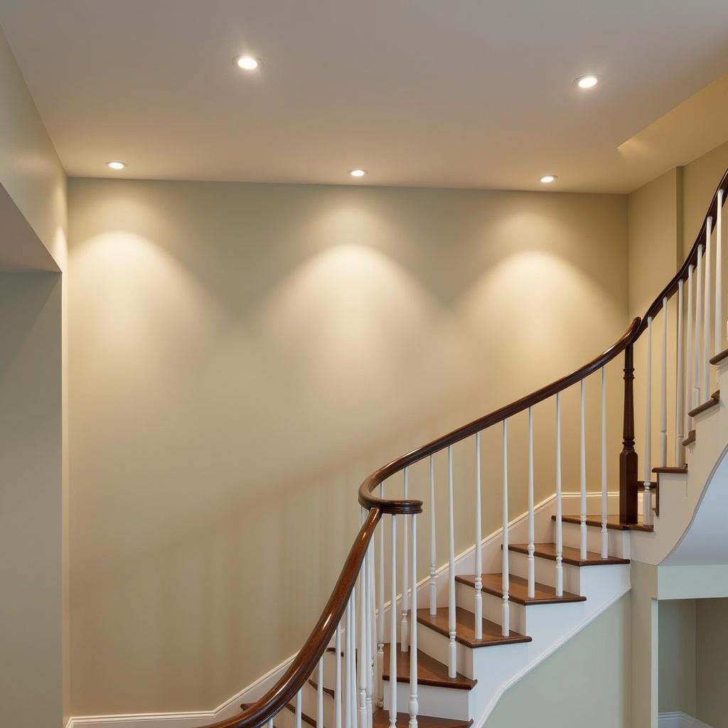 Flush mount lights illuminating a classic stairway