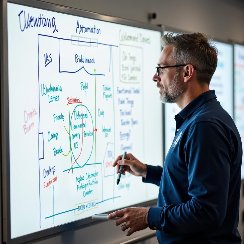 Football coach explaining strategy on whiteboard