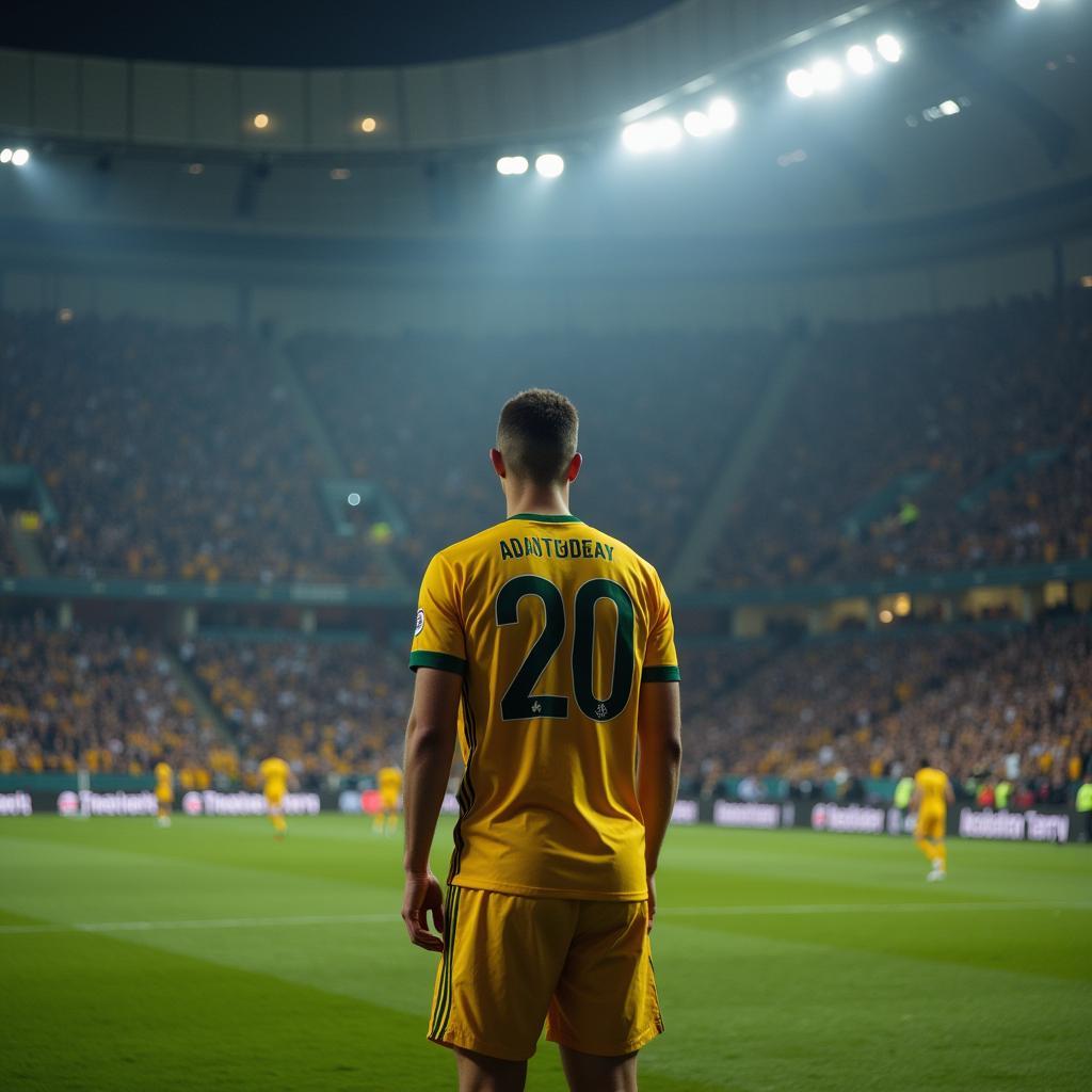 A lone football player emerging from the tunnel, silhouetted against the bright lights of the stadium