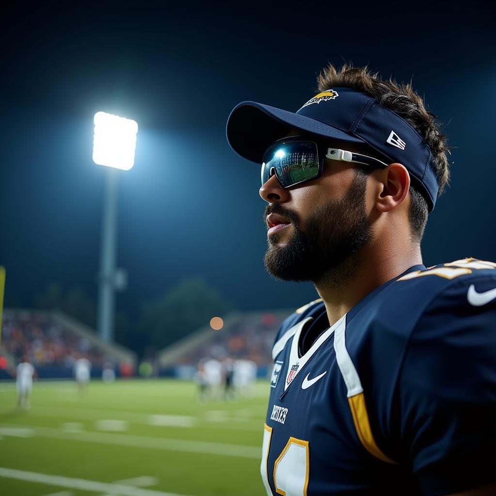 Football player with a reflective visor during a night game