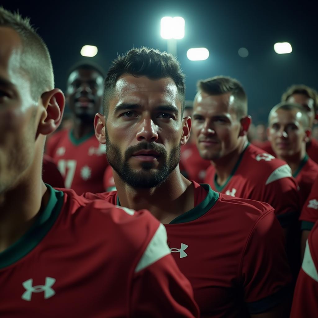 Football players lined up in the tunnel, ready to enter the field