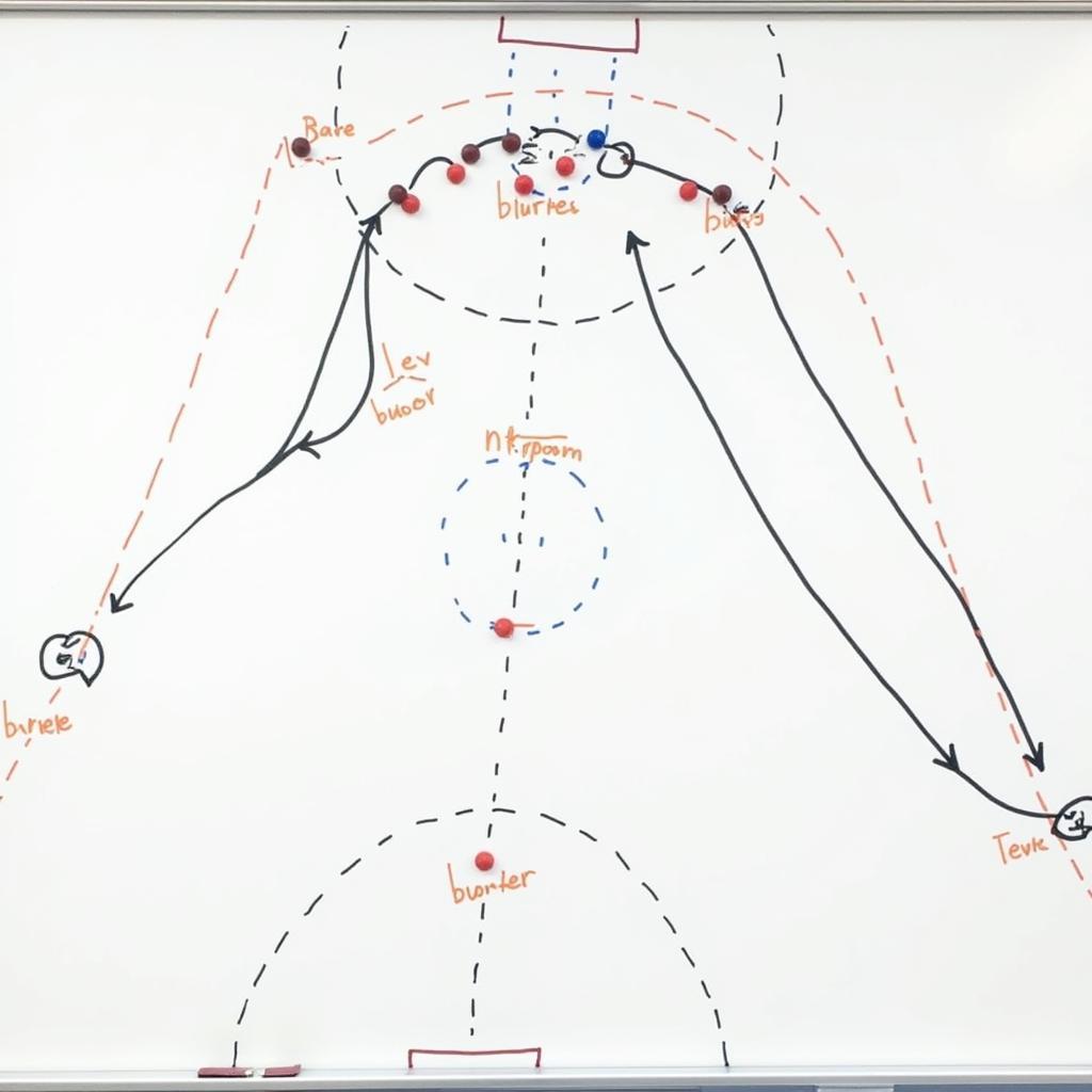 Diagram of a football offensive play on a whiteboard