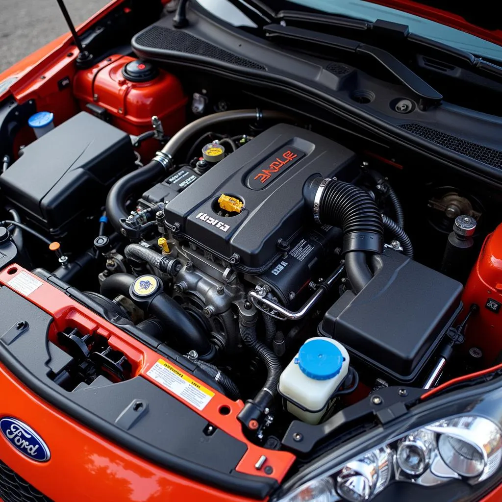 Close-up of a Ford Fiesta rally car engine