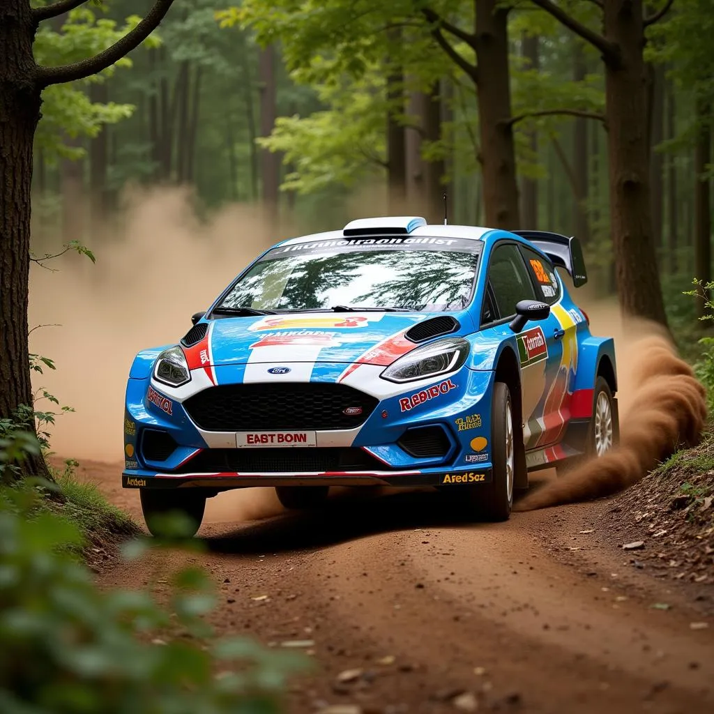 Ford Fiesta rally car speeding through a forest stage