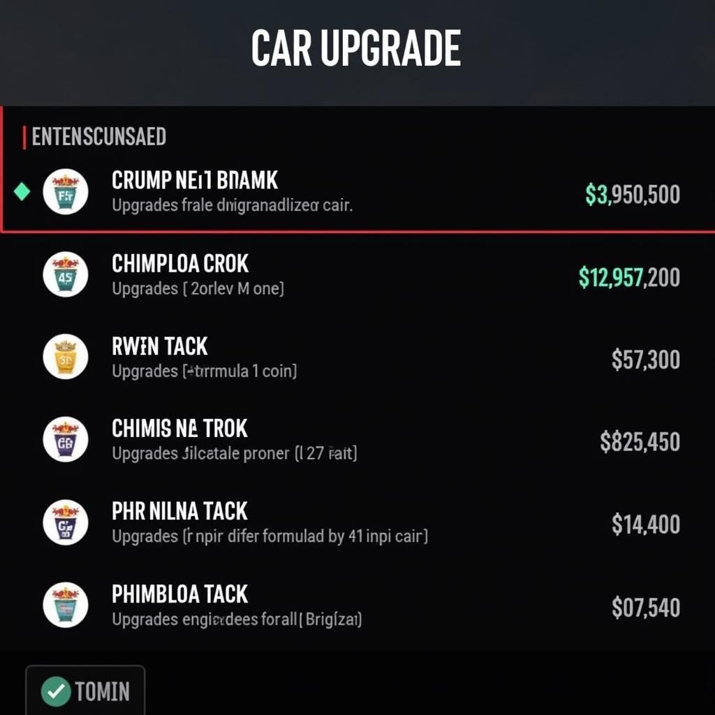 Formula 1 Car Upgrade Menu with Coin Costs