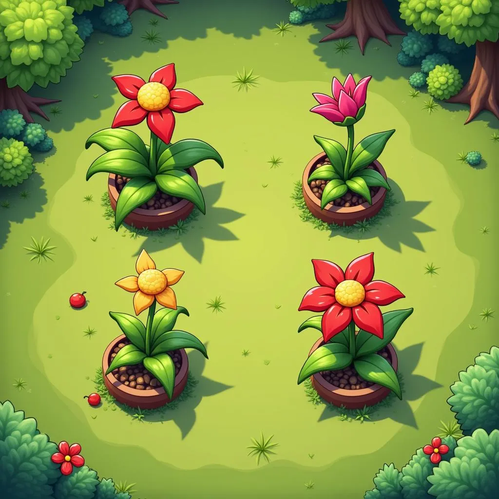 Tower Defense Screenshot with Four Plants