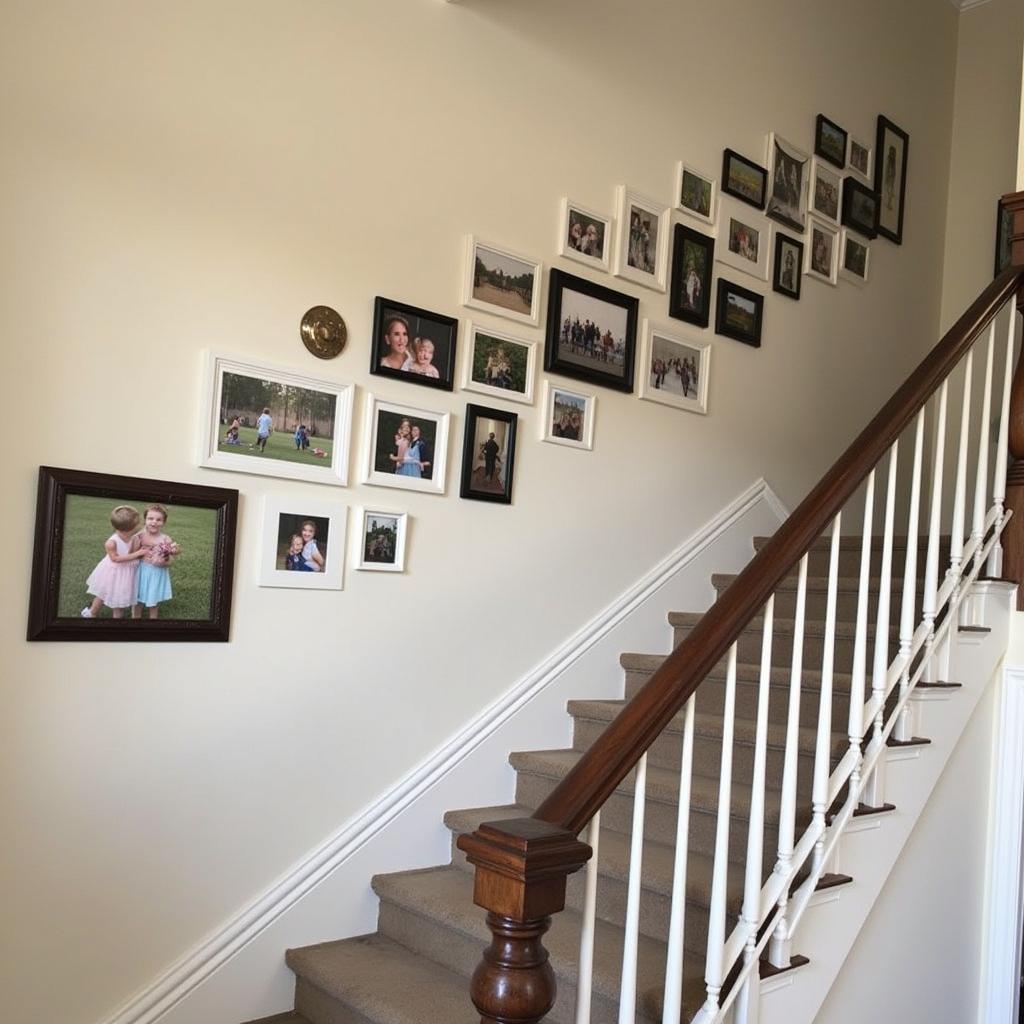 Framed family photos arranged on a staircase wall