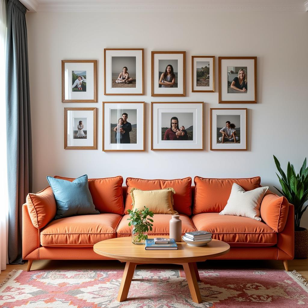 Framed gallery wall in a living room setting