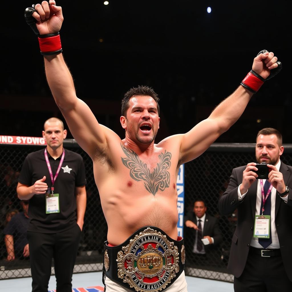 Frank Mir holding the UFC Heavyweight Championship belt aloft