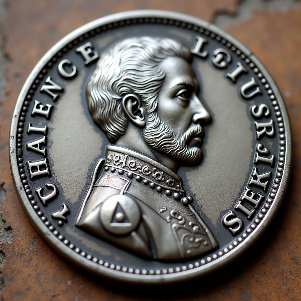 Close-up of a French Ecu coin depicting a royal portrait