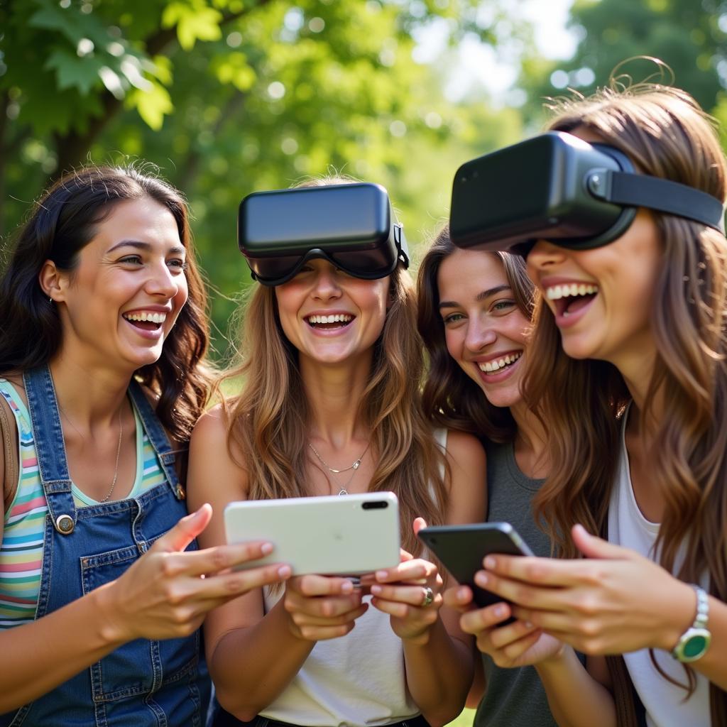 A group of friends laughing and playing an AR game outdoors