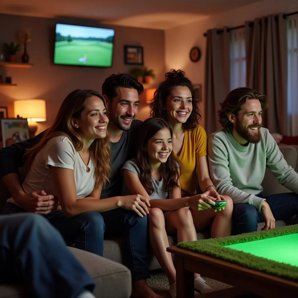 Group of friends laughing and playing a golf video game