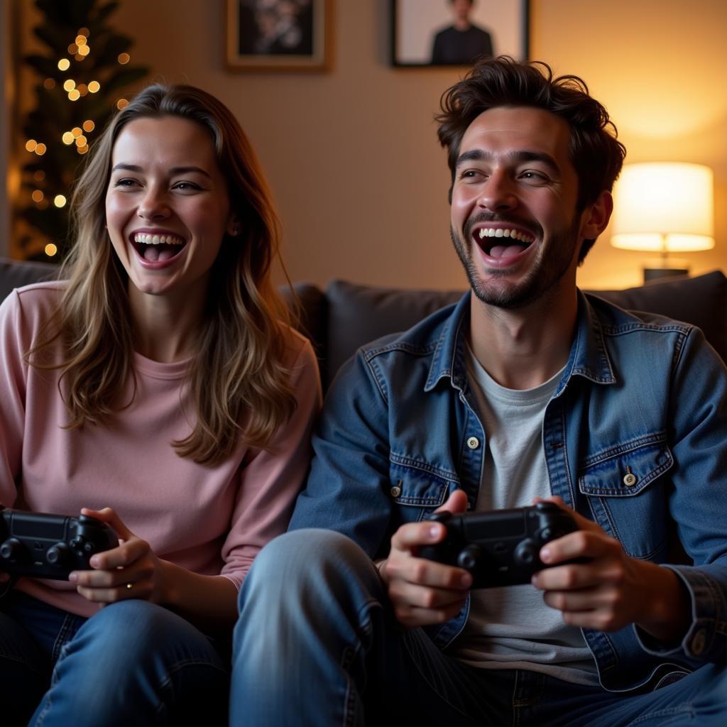 Two people enjoying playing video game together