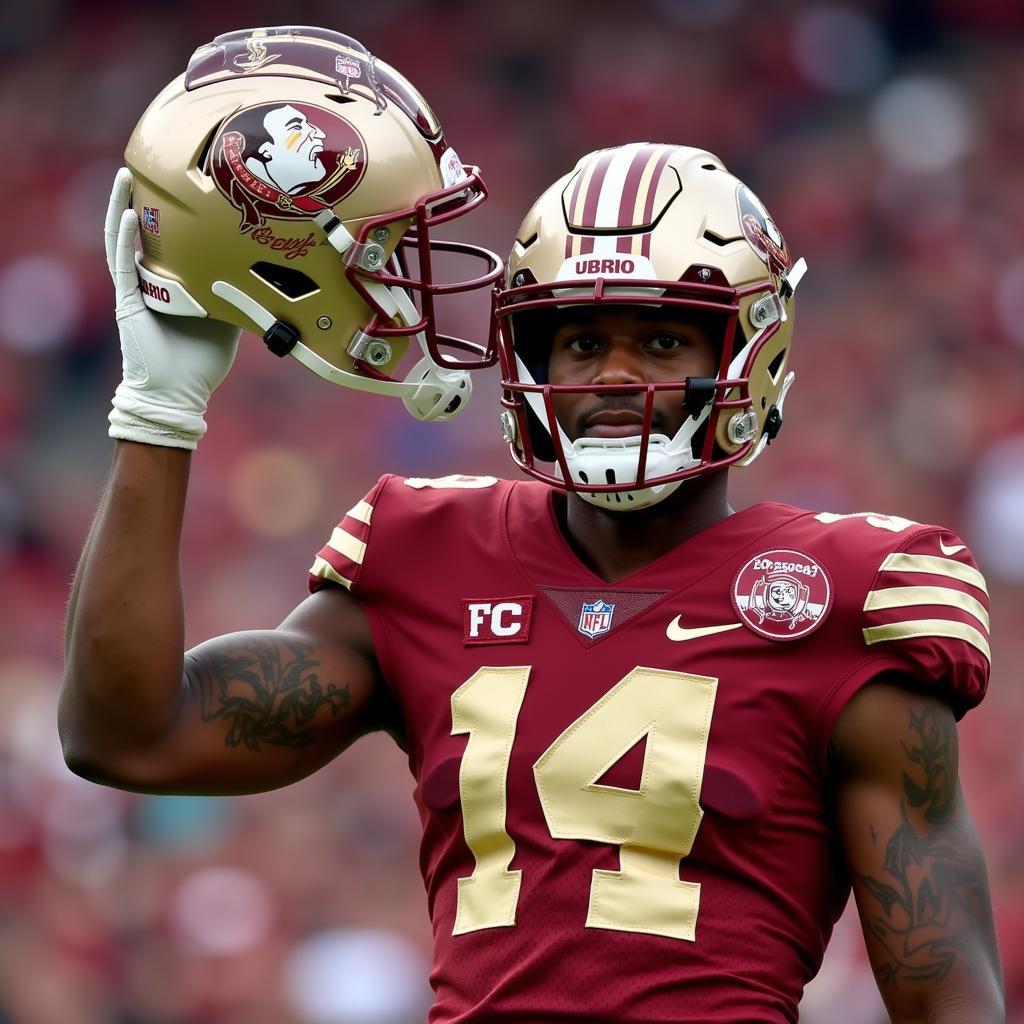 FSU Player Holding Helmet with Stickers