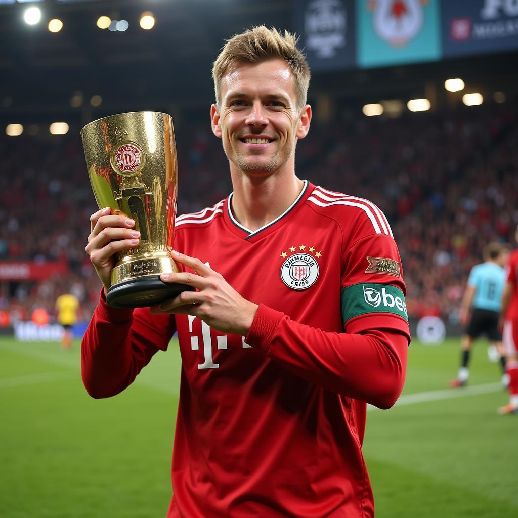 Niclas Fullkrug holding the Bundesliga top scorer trophy