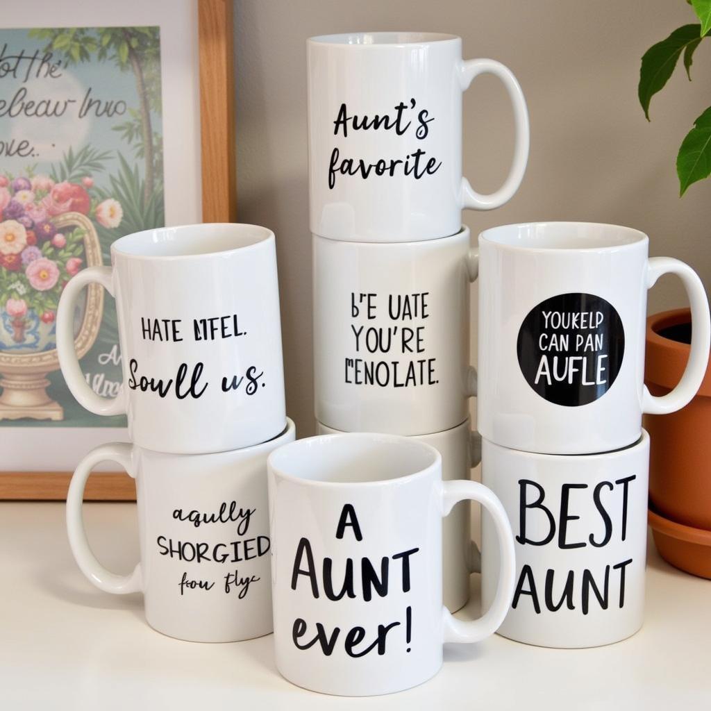 Funny aunt mugs with humorous quotes.