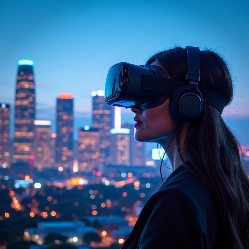 A close-up shot of a VR headset resting on a table, with the Los Angeles skyline visible in the background through a window.