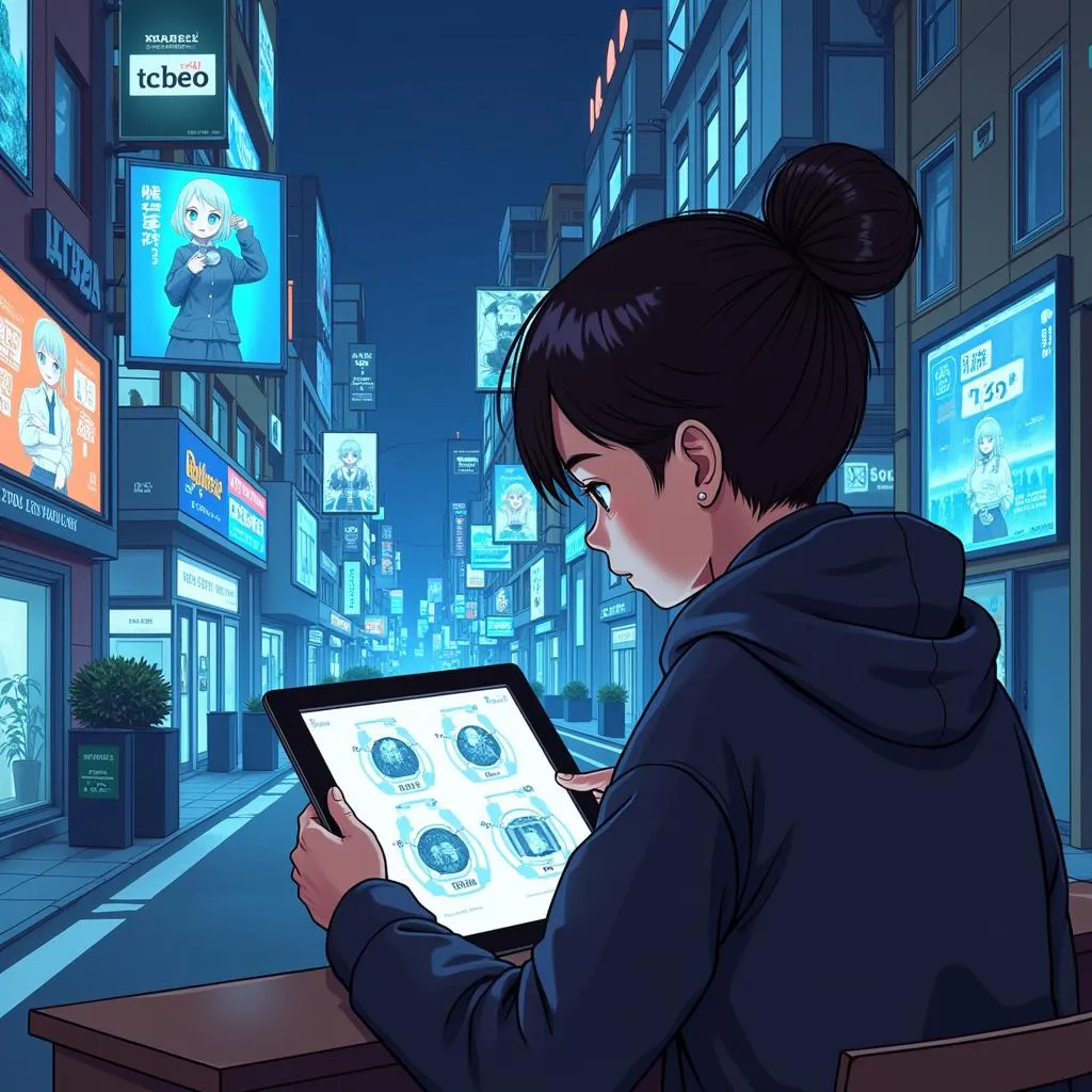 Reading manga digitally on a tablet with futuristic interface