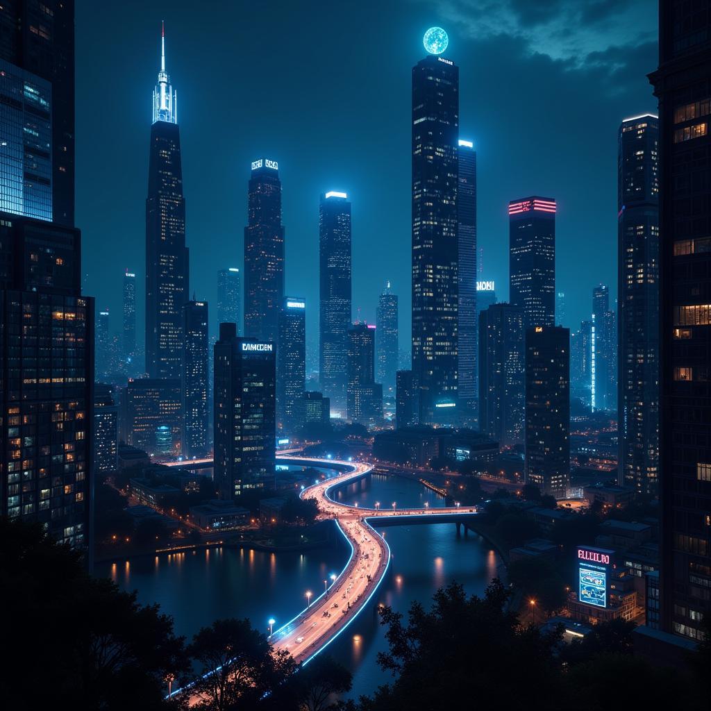 Futuristic Cityscape with Glowing Orbs