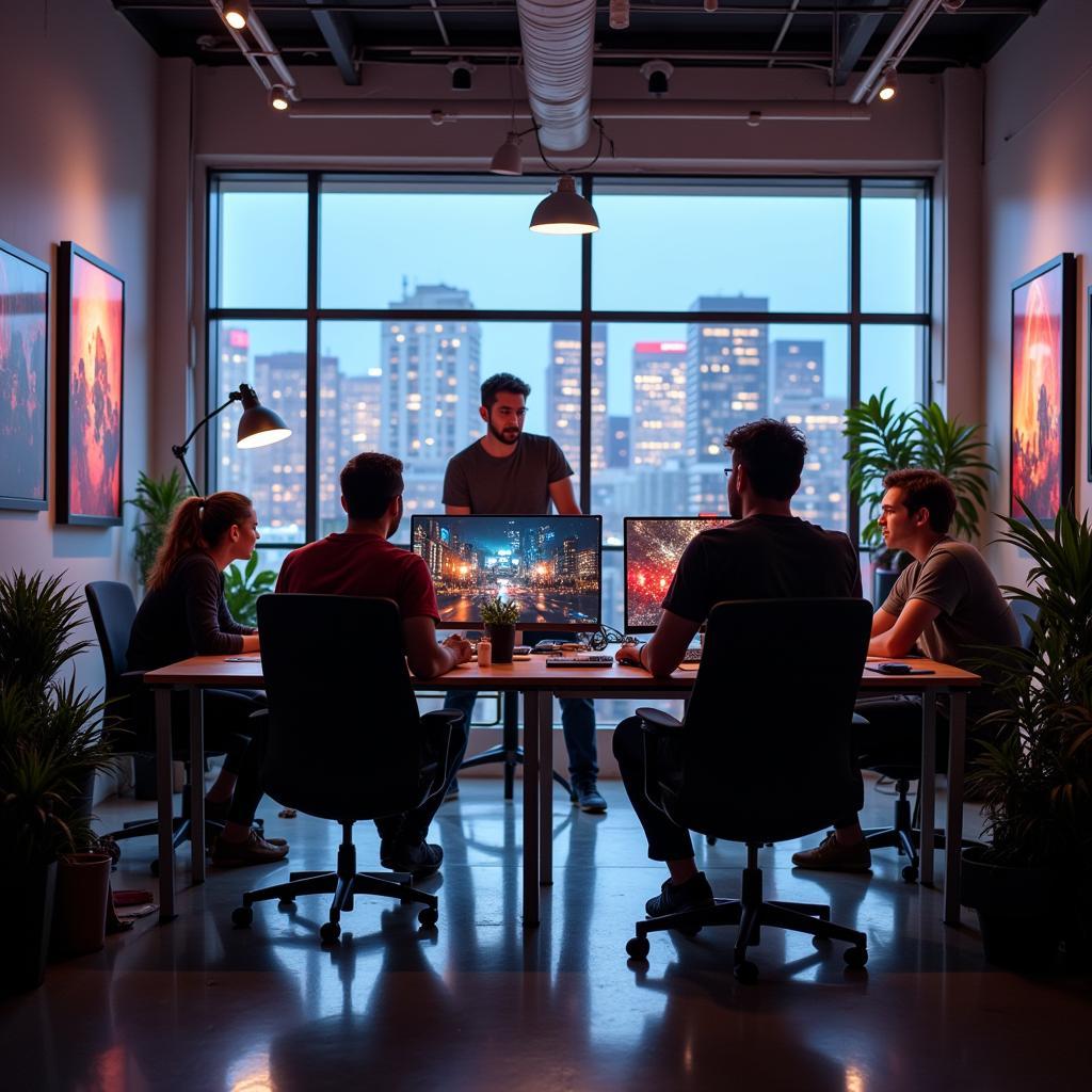 A team of game developers working collaboratively in a modern studio setting, surrounded by computers and creative materials.