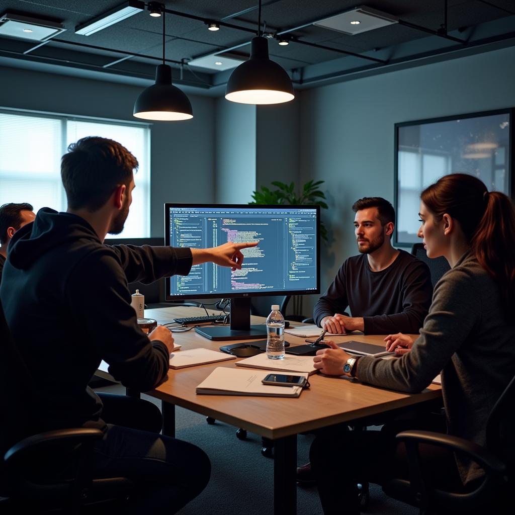 Game development team discussing bugs during a meeting