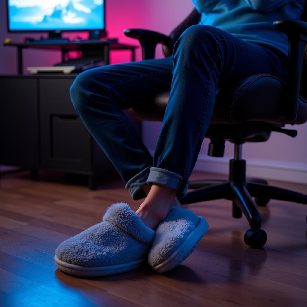 Gamer relaxing in comfortable game slippers