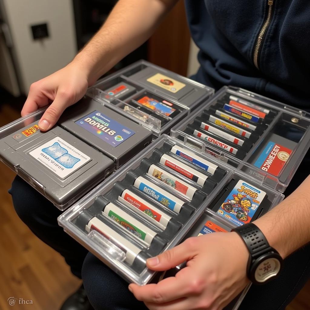 A gamer carefully arranges their retro games in protective cases.