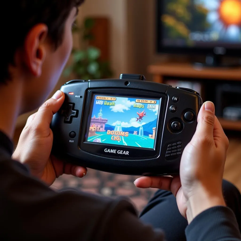 A person holding a Game Gear, deeply engrossed in a game, highlighting the immersive experience of retro gaming