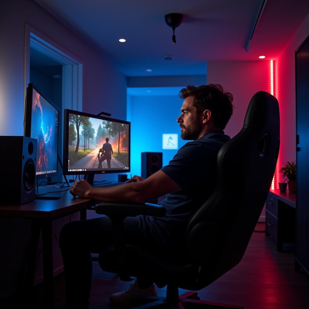 Gamer playing in a room with dimmable ceiling lights