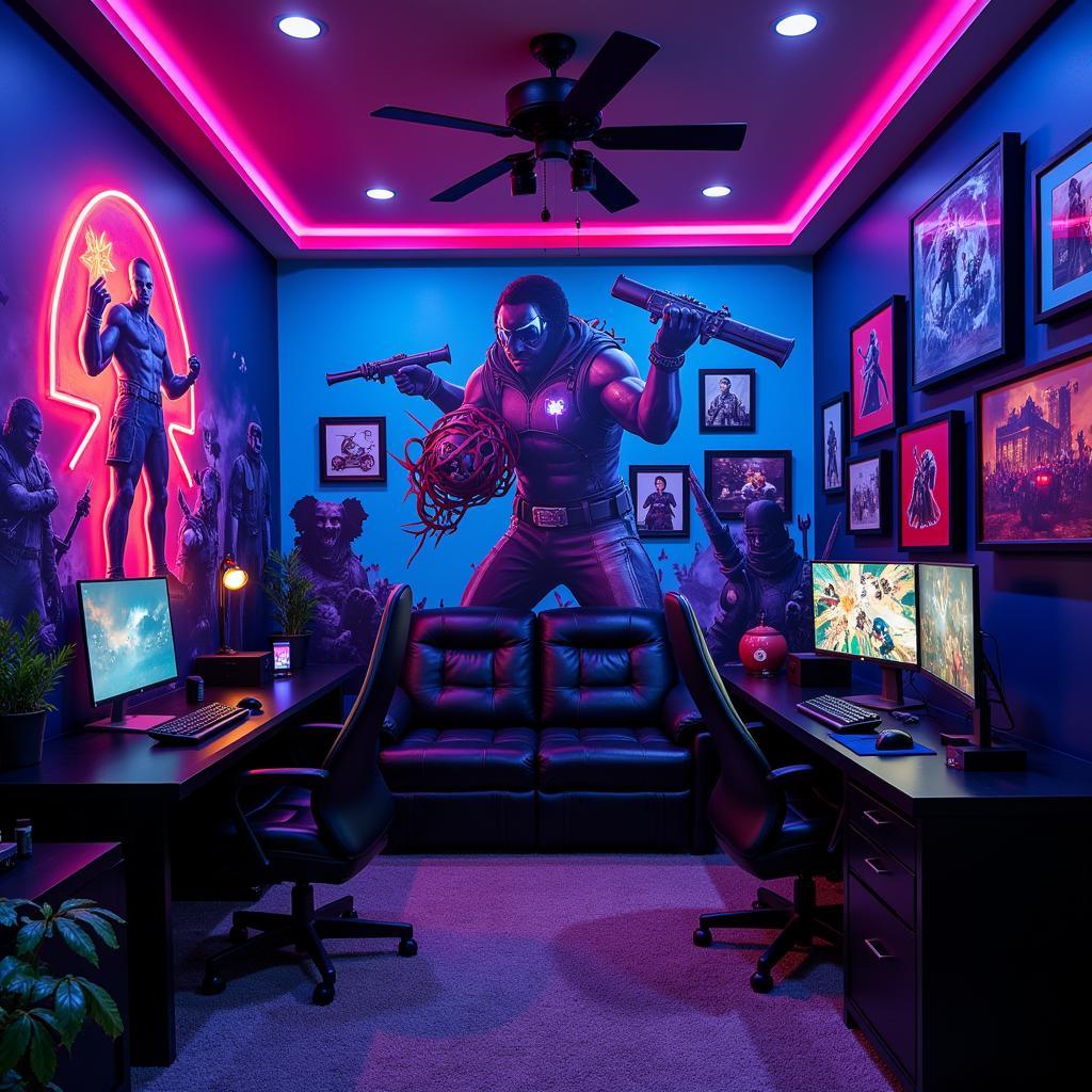 Gamer Room Featuring Video Game Wall Graphics and Neon Lighting