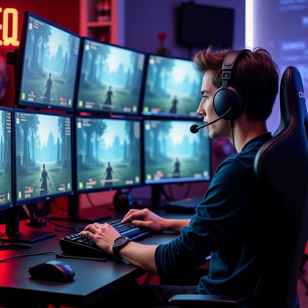 A gamer streaming their gameplay using a purple and black six-monitor setup, interacting with their online community.