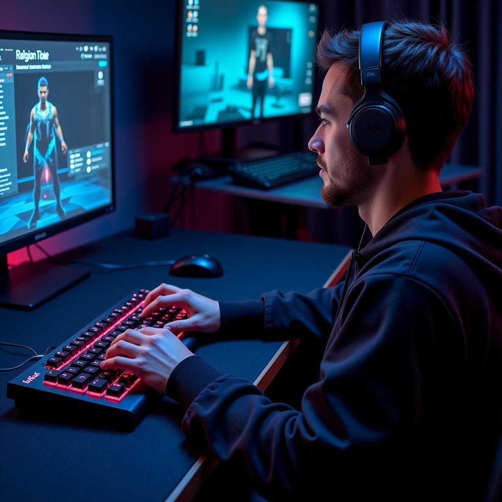 A gamer intensely focused on their game, using the Beck 808 EG Flex keyboard